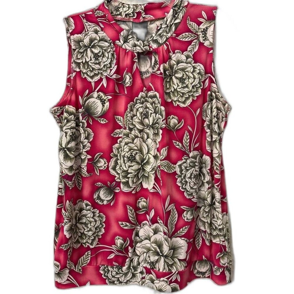 Worthington Sleeveless Blouse L Raspberry Floral Keyhole Twist Neckline